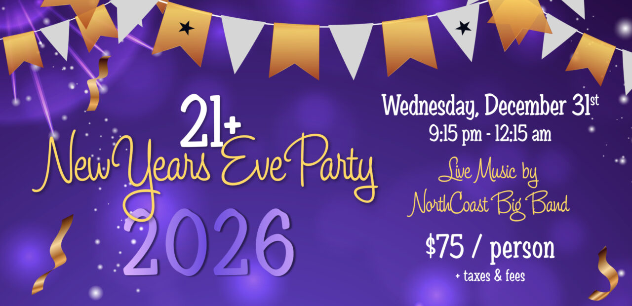 A purple graphic with yellow flags. There is text that reads, "21+ New Year's Eve Party 2026"  with further details on the event to the right side of the image.