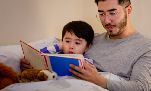 Father reading son a bedtime story