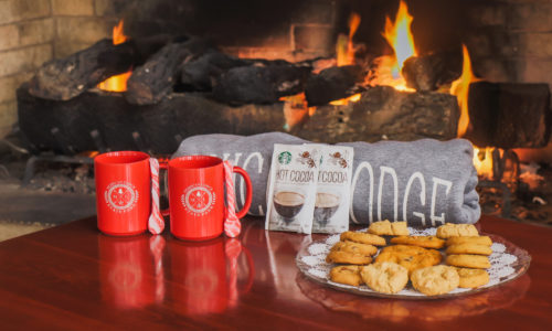 Hot chocolate, mugs, and cookies