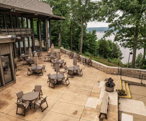 Aerial shot of the outdoor dining area with views of pleasant hill lake