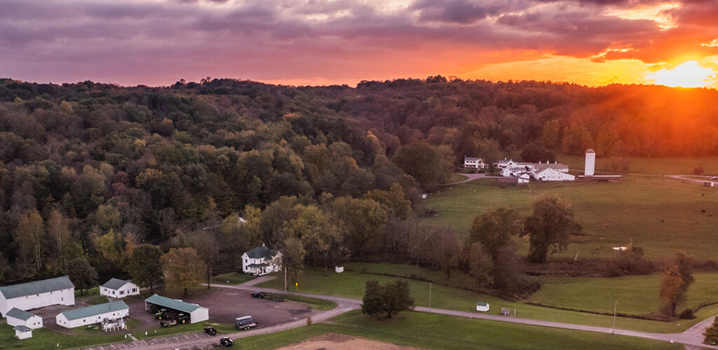 Mohican Lodge exterior at sunset